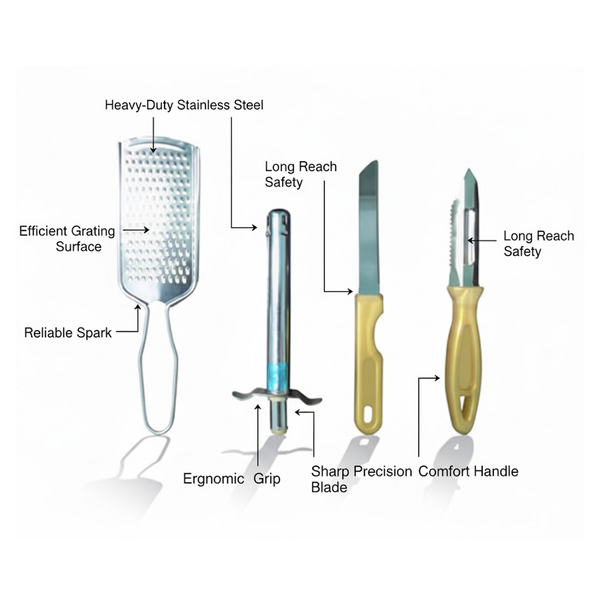 4In1 Combo - Stainless Steel Kitchen Lighter, Knife, Peeler and Smooth Grater
