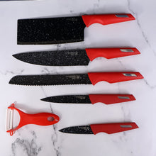Kitchen Knife Set with Marble - Coated Blades & Red Handles (6 Pc) - kongkits.com